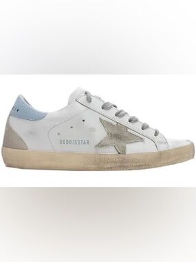 Authentic Golden Goose White Leather Sneakers with Silver Star and Light Blue
